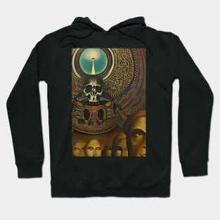 Surrealist painting like digital art of a Skull receiving light and a line of humans Hoodie